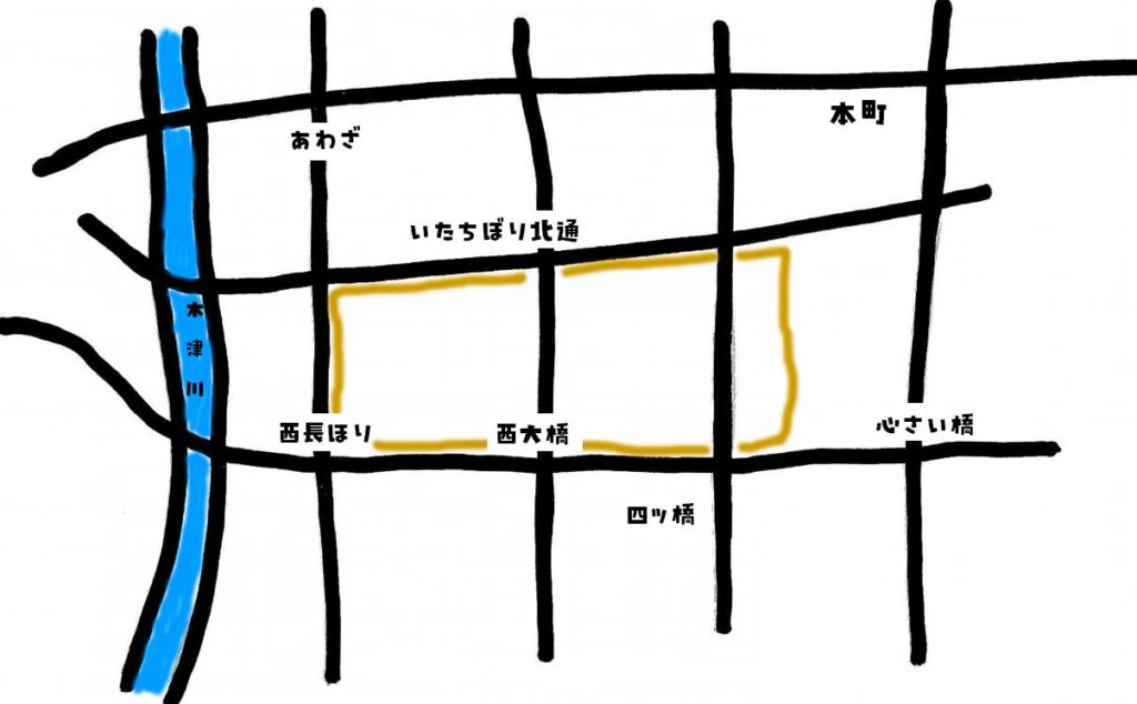 The area outlined in yellow is believed to be the former site of the Shinmachi Yukaku. The top is north, and the bottom is south.