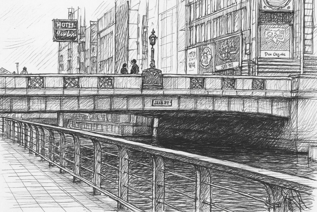 道頓堀川に架かる橋と川沿いの遊歩道を描いたペン画風イラスト